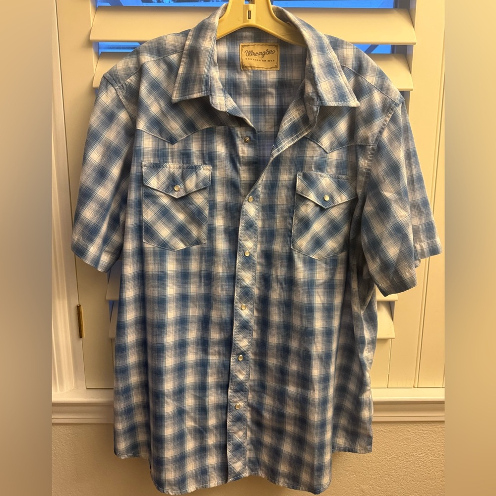 Wrangler Light Blue Checkered Western Cowboy Pearl Button Short Sleeve Shirt XL